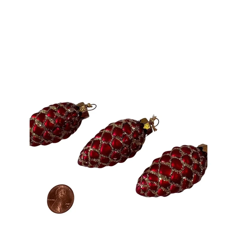 Vintage Red Glass Pinecone Christmas Ornaments Gold Glitter Set of 3‎ Small 2